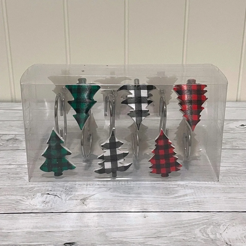 Buffalo Plaid Christmas Tree Shower Curtain Hooks Metal Rustproof Set of 12 NEW